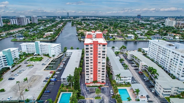 birds eye view of property featuring a water view