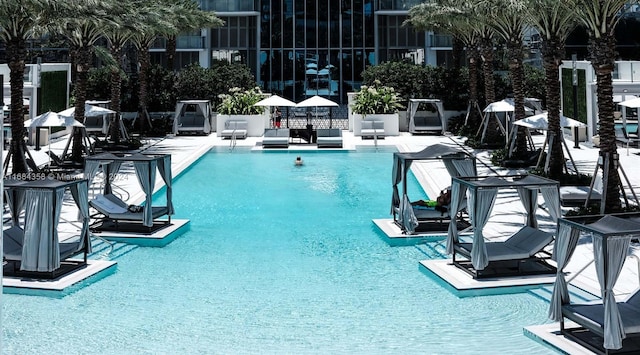 view of swimming pool featuring a patio area