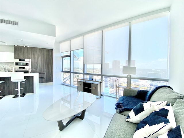 tiled living room with track lighting, sink, and a wall of windows