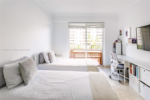 bedroom with crown molding and light colored carpet