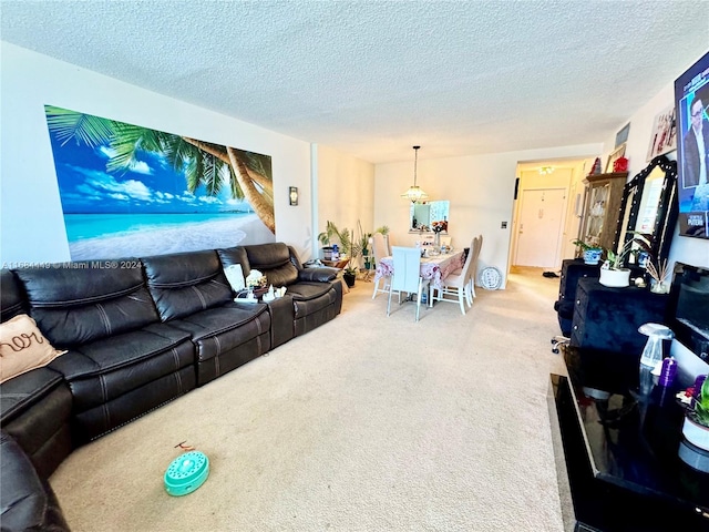 carpeted living room with a textured ceiling