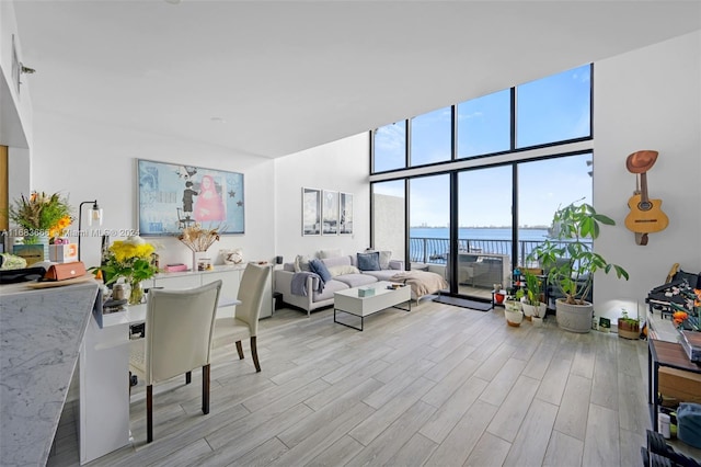 living room with a water view, light wood-type flooring, and floor to ceiling windows