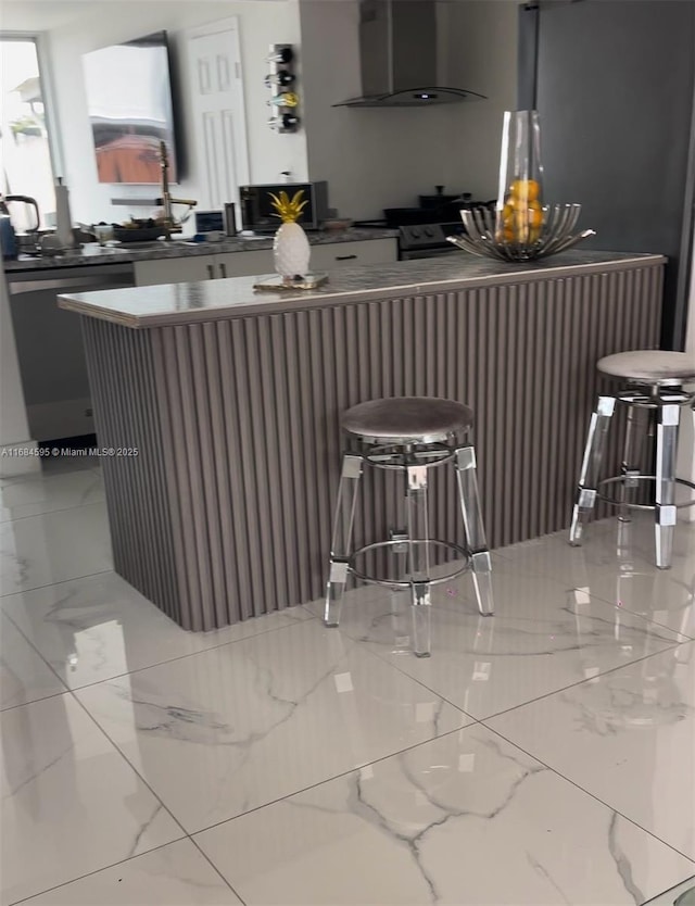 kitchen with wall chimney range hood, dark countertops, black electric range oven, stainless steel dishwasher, and marble finish floor