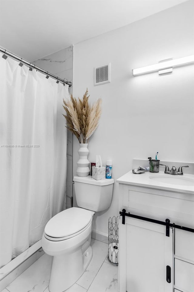 bathroom featuring vanity, visible vents, toilet, curtained shower, and marble finish floor