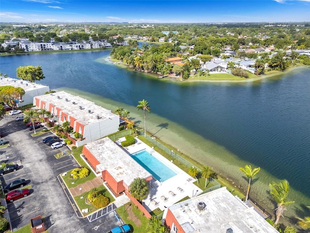 drone / aerial view with a water view
