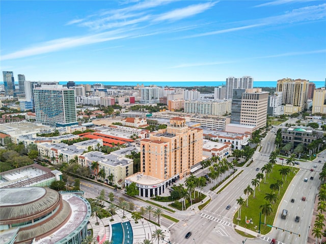 drone / aerial view with a water view