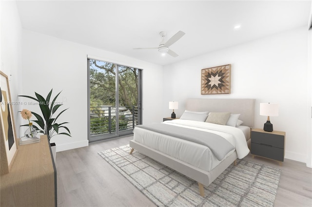 bedroom with access to outside, ceiling fan, and hardwood / wood-style flooring