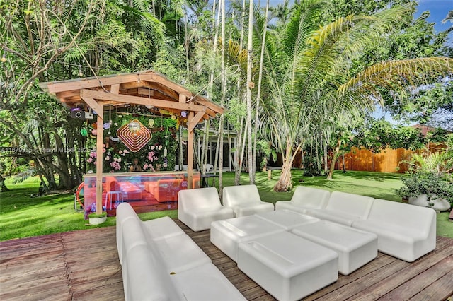 deck with a yard and an outdoor hangout area