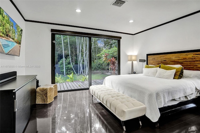 bedroom with access to exterior and ornamental molding