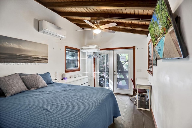 bedroom featuring wooden ceiling, french doors, vaulted ceiling with beams, access to exterior, and a wall unit AC