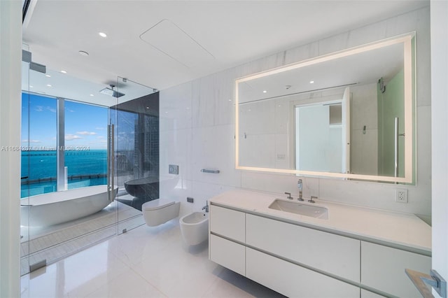 full bathroom featuring toilet, a bidet, vanity, plus walk in shower, and a water view