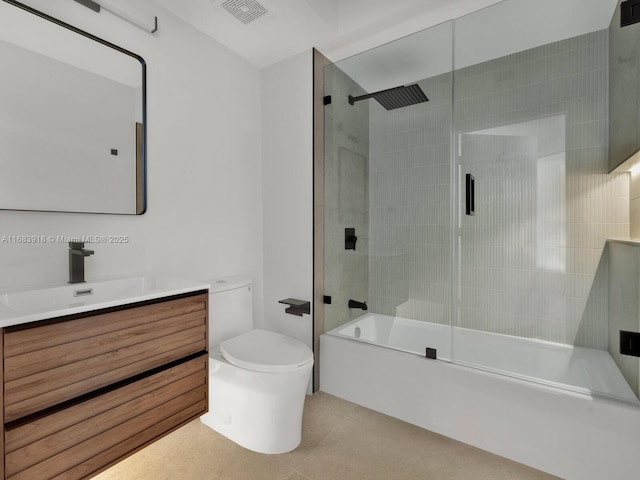 full bath featuring combined bath / shower with glass door, visible vents, toilet, and vanity
