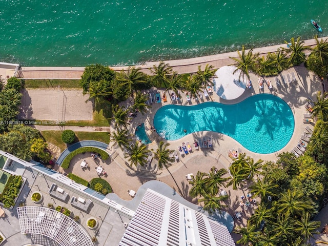 birds eye view of property featuring a water view