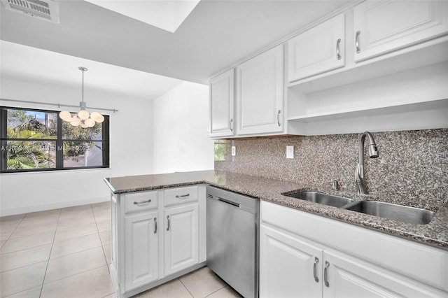 kitchen with kitchen peninsula, sink, pendant lighting, dishwasher, and white cabinets