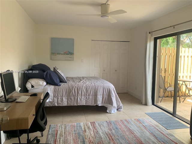 tiled bedroom featuring access to exterior, ceiling fan, and a closet