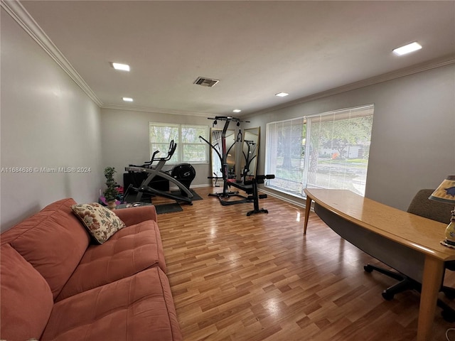 exercise room with ornamental molding and hardwood / wood-style flooring