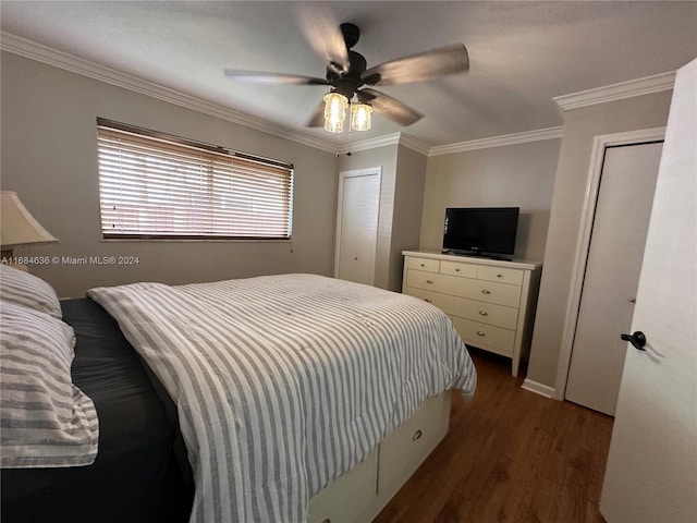 bedroom featuring ornamental molding, ceiling fan, and dark hardwood / wood-style flooring