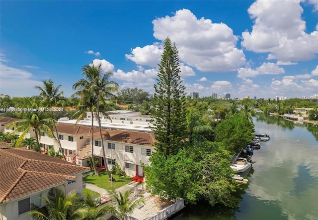 aerial view featuring a water view