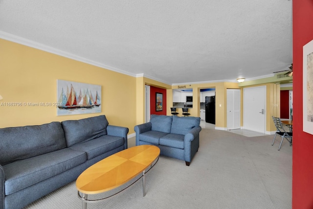 carpeted living room featuring crown molding, a textured ceiling, and ceiling fan