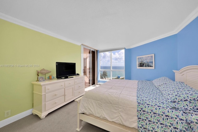 bedroom featuring light carpet, ornamental molding, and floor to ceiling windows