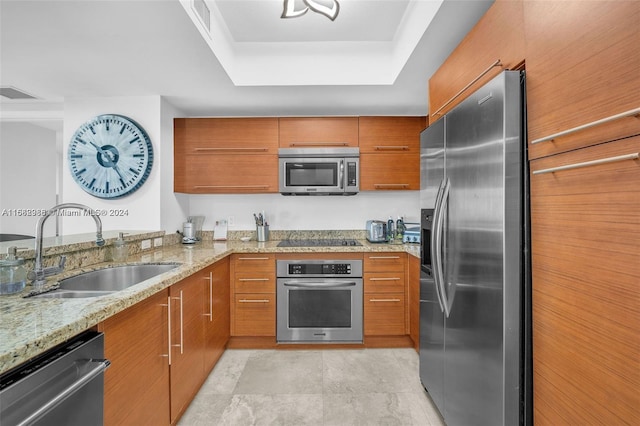 kitchen featuring sink, light stone counters, stainless steel appliances, and a tray ceiling