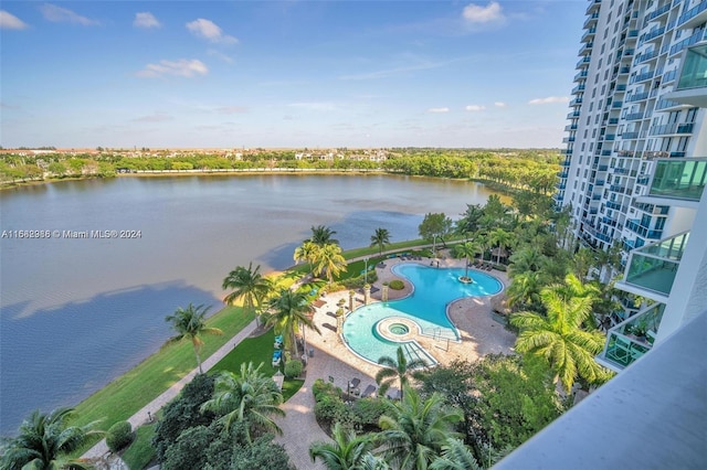 birds eye view of property featuring a water view