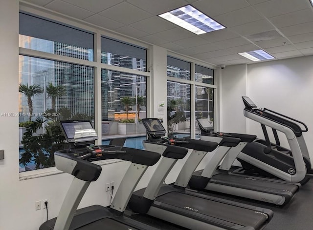 workout area featuring a drop ceiling and a wall of windows