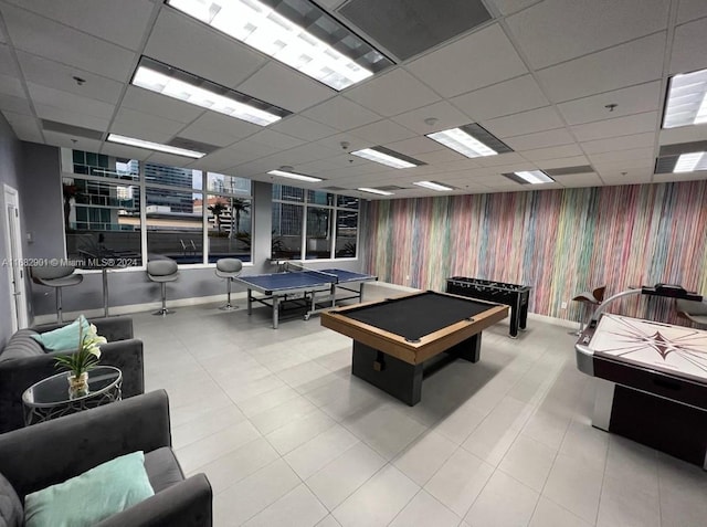 recreation room featuring billiards and a paneled ceiling