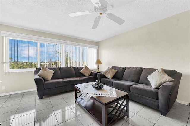 330 SE 2nd St Unit 303F, Hallandale Beach, FL 33009 - living room with a textured ceiling, baseboards, and ceiling fan