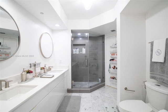 16400 Collins Ave Unit 1444, Sunny Isles Beach, FL 33160 - bathroom featuring marble look tiles, double vanity, a stall shower, and recessed lighting