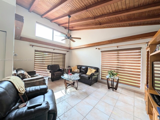 living room featuring vaulted ceiling with beams, wood ceiling, light tile patterned flooring, and ceiling fan