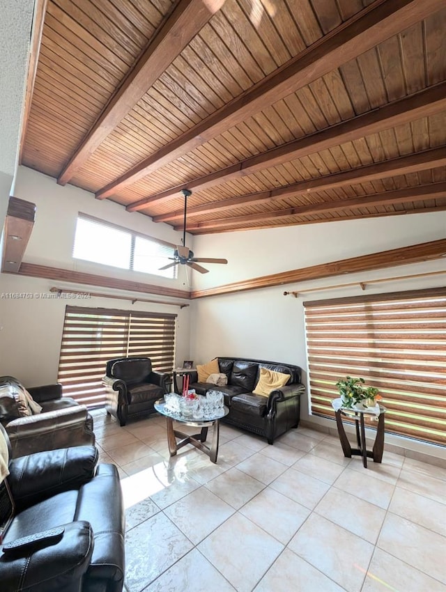 living room with beamed ceiling, wood ceiling, light tile patterned floors, and ceiling fan