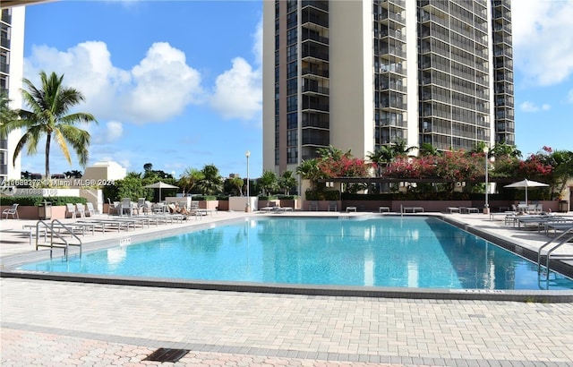 view of swimming pool with a patio