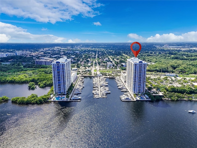 drone / aerial view with a water view