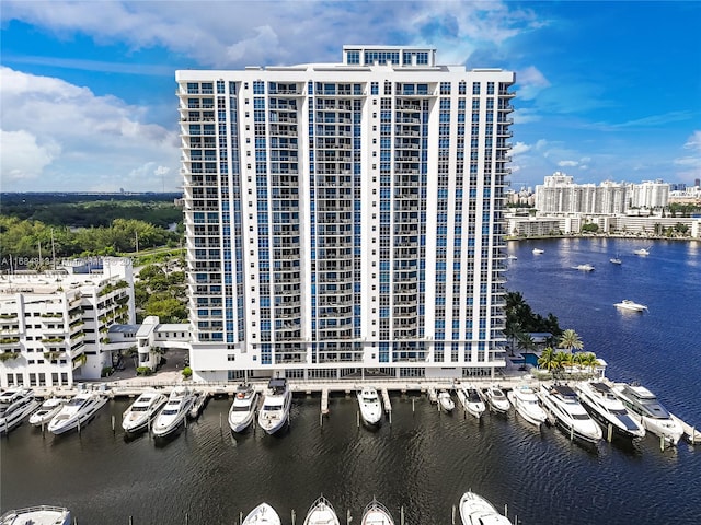 view of building exterior with a water view