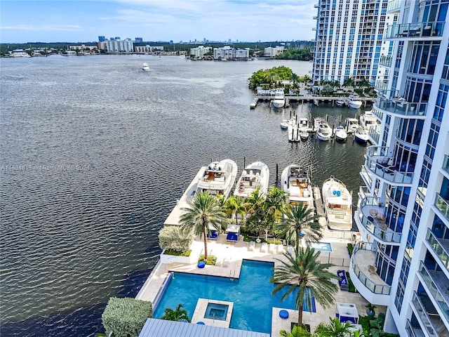 aerial view featuring a water view