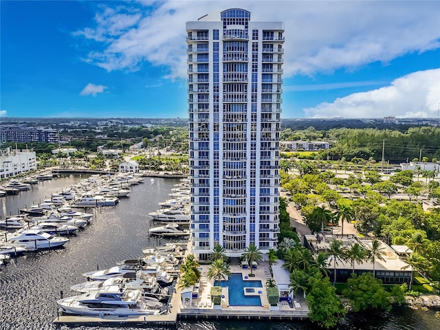 view of building exterior featuring a water view