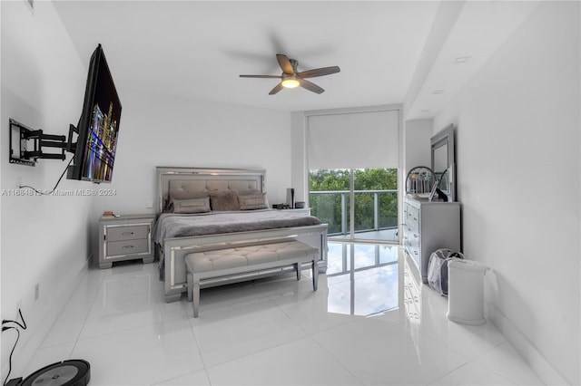 bedroom with light tile patterned flooring and ceiling fan