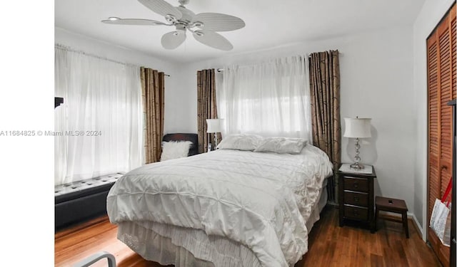 bedroom with a closet, ceiling fan, and dark hardwood / wood-style floors