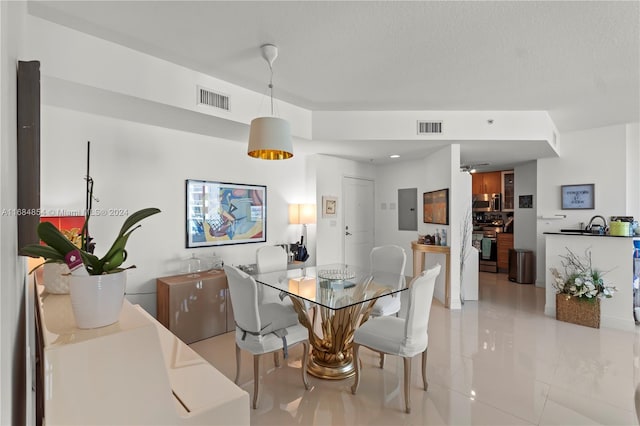 dining space with electric panel and ceiling fan