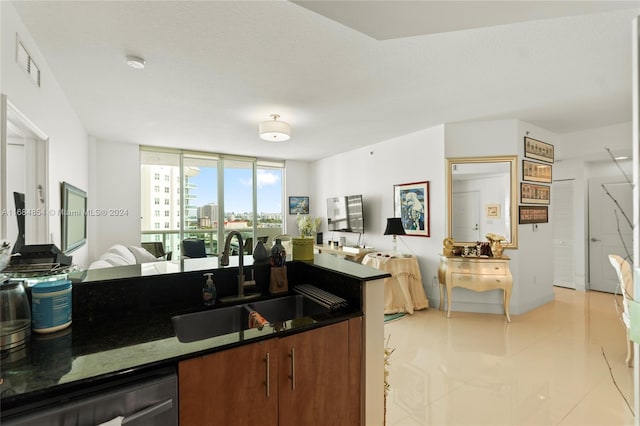 7900 Harbor Island Dr Unit 1223, North Bay Village, FL 33141 - kitchen featuring a sink, dark countertops, open floor plan, dishwasher, and light tile patterned floors