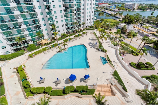 aerial view featuring a water view