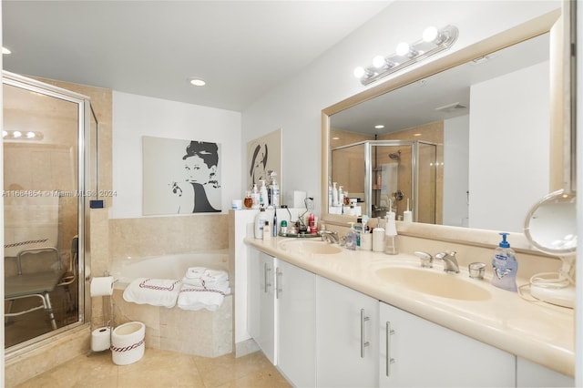 bathroom with vanity, tile patterned floors, and separate shower and tub