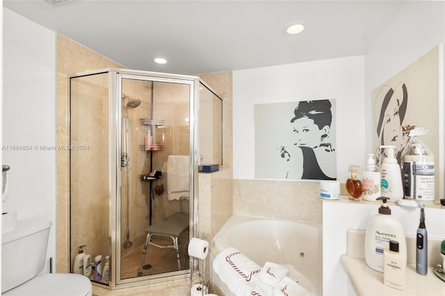 7900 Harbor Island Dr Unit 1223, North Bay Village, FL 33141 - bathroom with a tub with jets, a stall shower, toilet, recessed lighting, and tile patterned floors