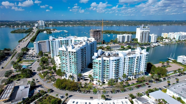 drone / aerial view with a water view