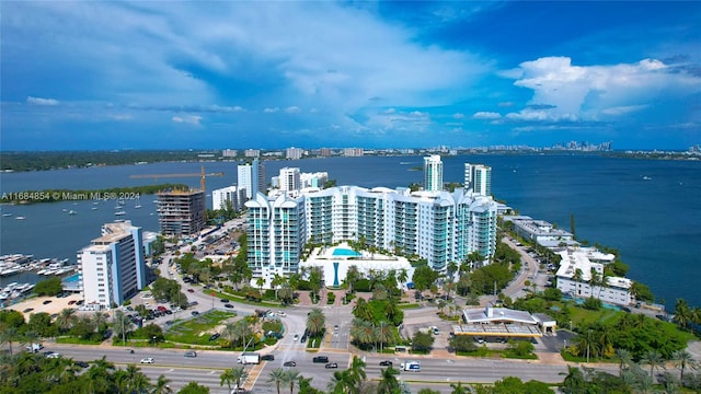 aerial view featuring a water view