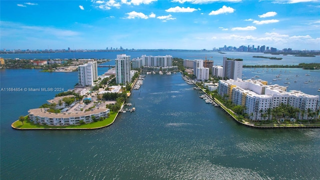 drone / aerial view with a water view