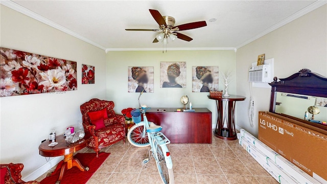 sitting room with ceiling fan, light tile patterned floors, crown molding, and a wall mounted air conditioner