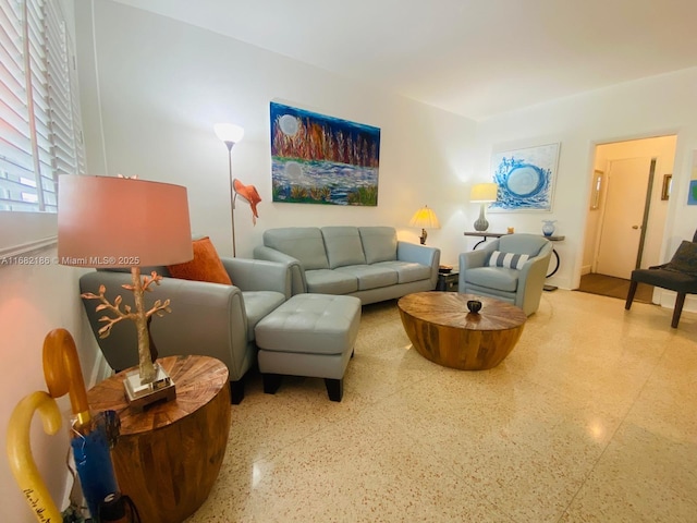 living room featuring speckled floor