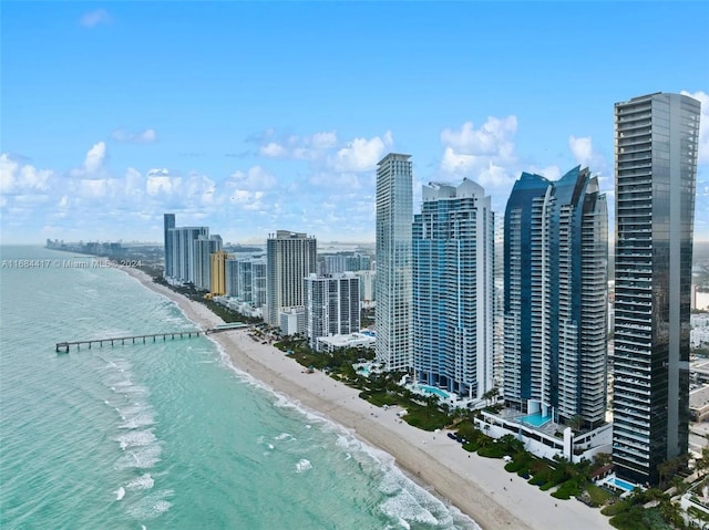 aerial view featuring a water view and a beach view